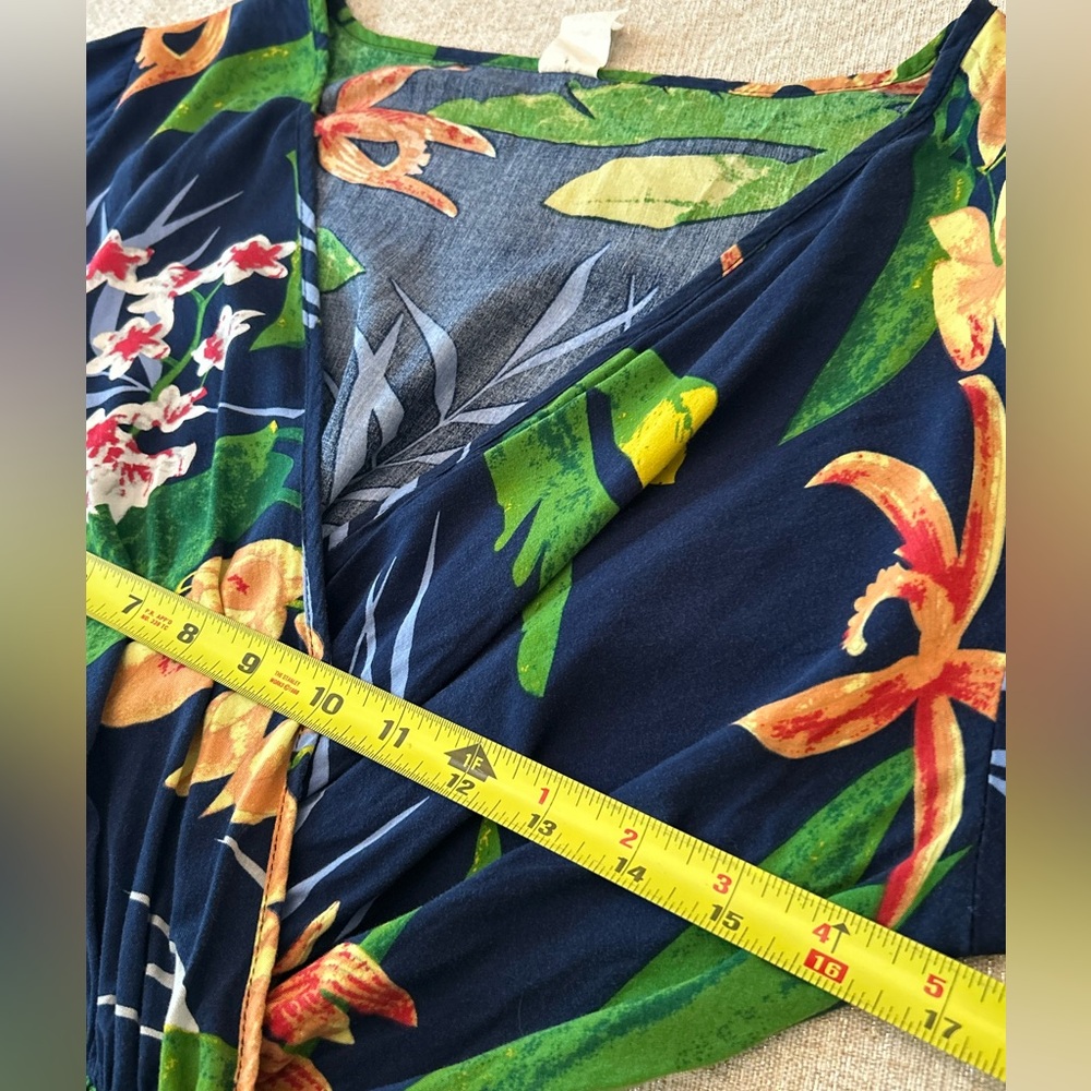 Floral Mini Dress Faux-Wrap Tropical Pattern Crossover Chest Short Sleeve Size M - Picture 8 of 9
